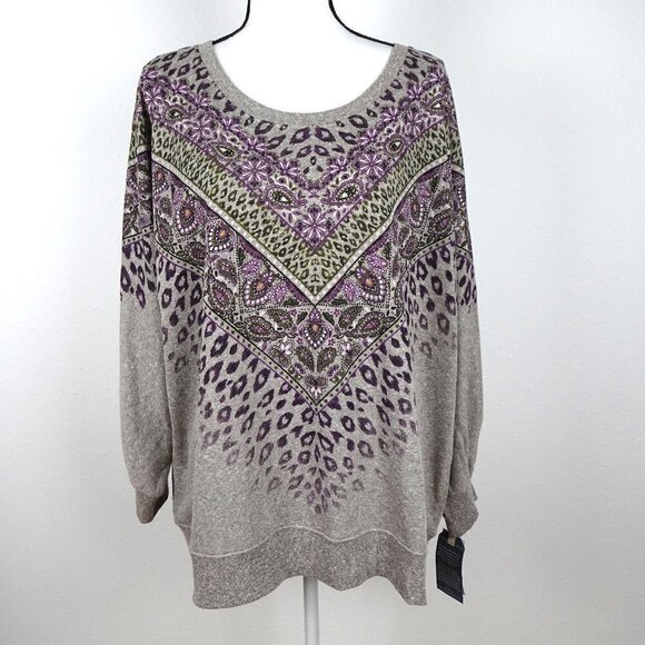 Democracy Knit Top Women's Size 3X Gray Round Neck Leopard Print - Picture 1 of 10